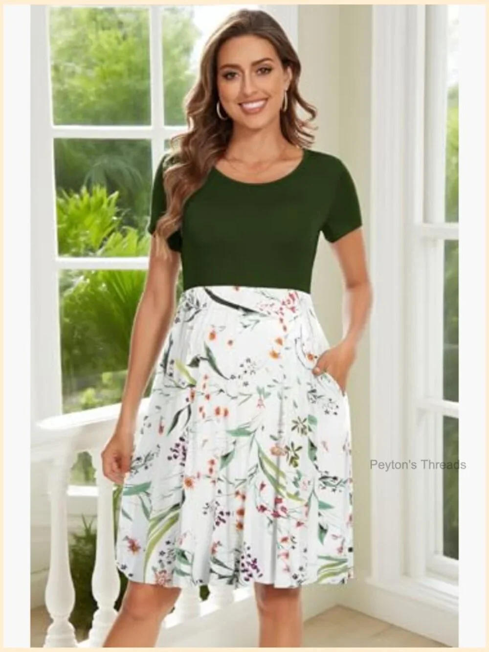 Short Sleeve Maternity Dress with Pockets A-Line Crew Neck Below Knee